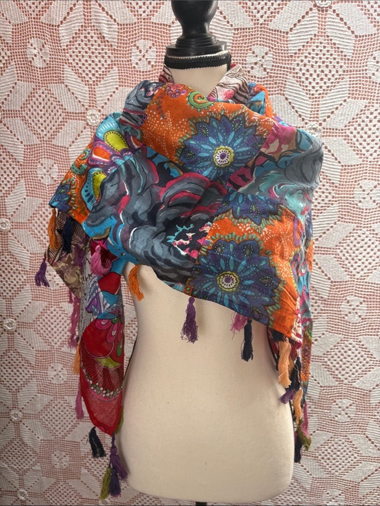Accessories - Multicolor Floral Patchwork Fringe Wrap Scarf